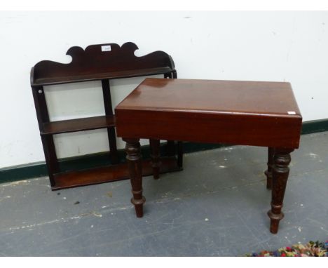 A 19TH C MAHOGANY SMALL WALL SHELF TOGETHER WITH A MAHOGANY BIDET STOOL. 