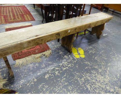 AN ANTIQUE PINE FORM / BENCH. LENGTH 198 X HEIGHT 46CMS. 