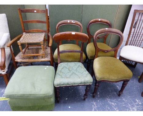 FOUR VICTORIAN DINING CHAIRS, A LADDER BACK CHAIR, AND TWO STOOLS. 