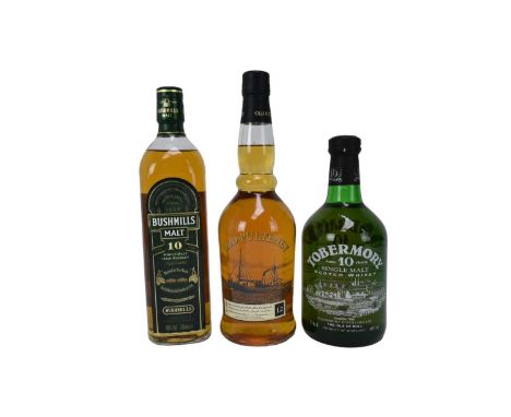 Three bottles, Tobermory 10 year old single malt scotch whisky, 40%, 70cl. Old Pulteney 12 year old, 40%, 70cl. and Bushmills
