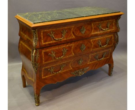 An Early 20th Century French Kingwood Crossbanded and Gilt Metal Mounted Bombe Commode, the variegated marble top above three