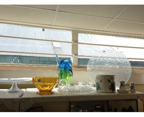 A mid 20th century coloured Art Glass vase together with other glass items, Portmeirion plant pot and Worcester cruet set.