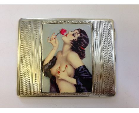 A silver cigarette case, the lid decorated with an erotic Nude Female figure posing with a single stem rose (190 grams overal
