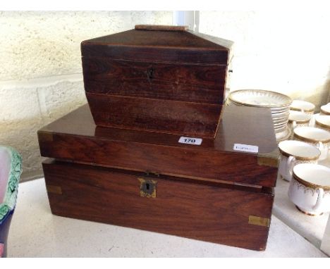 A 19th century rosewood writing slope with fitted interior together with a tea caddy (examine).