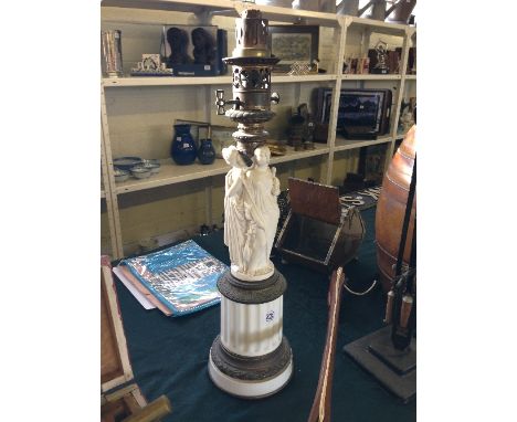 A 19th century Parian, white glass and brass mounted oil lamp base modelled in the style of The Three Graces and signed J Pra