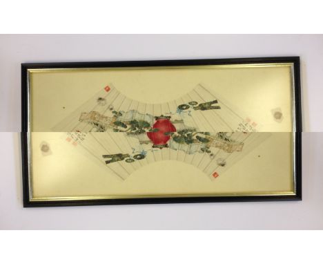 A framed and glazed Chinese handpainted fan on paper  depicting a red twin handled vase containing flowers beside Prunus plan