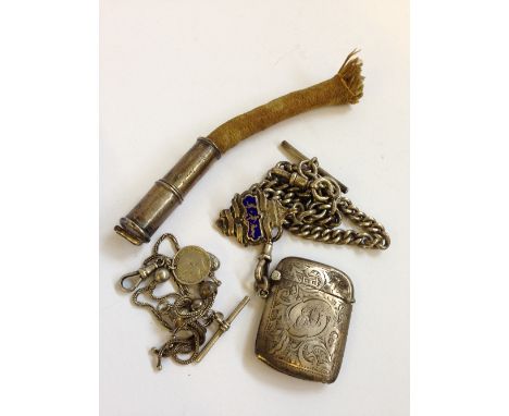 A silver fob chain with badge and Vesta case attached together with a silver Albertina and a silver Trench Art lighter (104 g