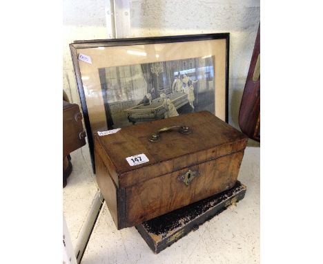 A 19th century walnut tea caddy (no fittings) together with a cased set of fish knives and forks and two framed and glazed ea