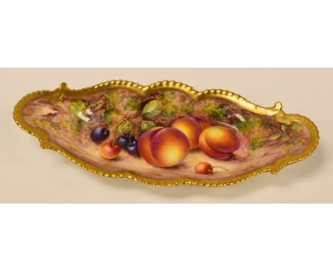 ROYAL WORCESTER FRUIT DECORATED PEN-DISH BY JOHN FREEMAN of lobed oval form with gilded gadrooned border, signed, 25cms long