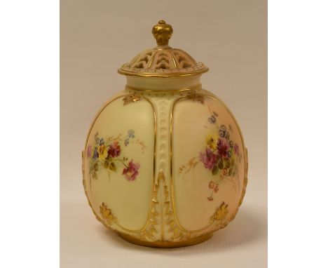 ROYAL WORCESTER BLUSH IVORY POT-POURRI & COVER having a four-panelled body painted with flowers, complete with pierced cover 