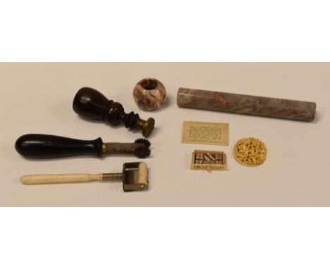 PARCEL OF COLLECTABLES including antique seal, ivory-handled roller, a treen-handled tobacco cutter, marble draughtsman's rul