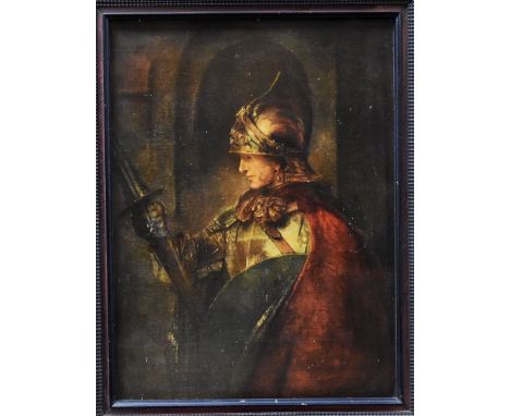 REMBRANDT print - helmeted Pre-Raphaelite style knight holding lance and shield, 62 x 47cms