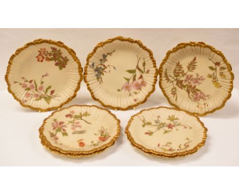 SET OF TEN ROYAL WORCESTER BLUSH-IVORY PLATES of fluted-form and decorated with gilding and a floral interiors, 20cms diam (s