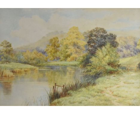 E.H. MARTEN watercolour - pathway along a riverbank with hares playing, signed, 37 x 51cms