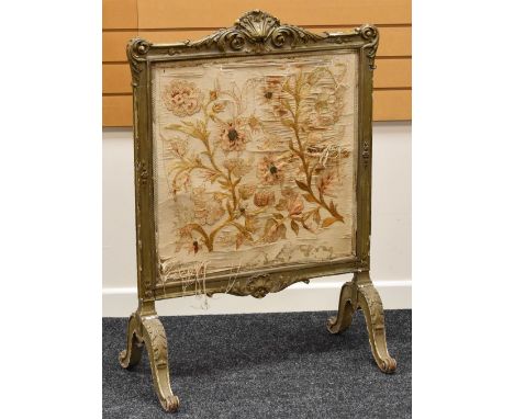 ROCCOCO-STYLE CARVED GILT FRAME FIRESCREEN with silk embroidered flowers, 105 x 72 cms