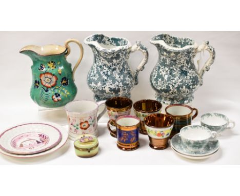 A PARCEL OF NINETEENTH CENTURY POTTERY comprising a pair of Florentine China 'Forest' patterned tea cups and saucers, a pair 