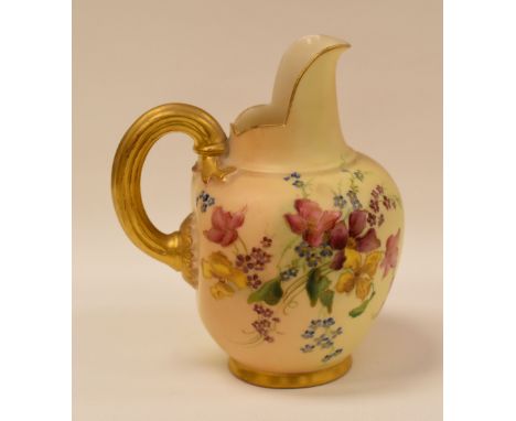 ROYAL WORCESTER 'FLAT BACK' JUG IN BLUSH IVORY PAINTED WITH FLOWERS, 13cms high, shape No.1094, circa 1901