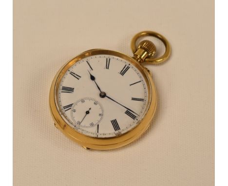A GENTLEMAN'S 18k GOLD OPEN-FACE POCKET-WATCH with button-wind, white enamel dial with subsidiary dial and bearing Roman nume