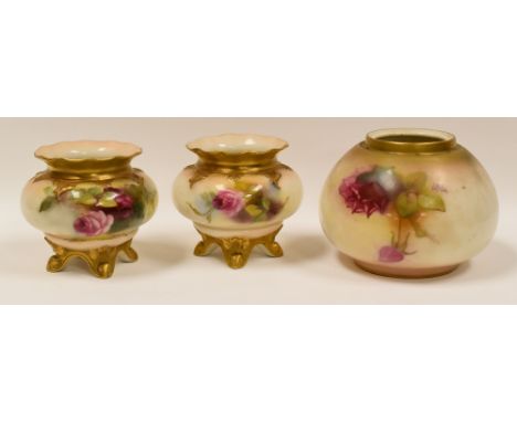PAIR OF ROYAL WORCESTER VASES & A ROYAL WORCESTER POT-POURRI, the pair of vases on four gilded feet and with crimped neck and