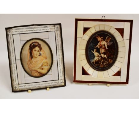 MINIATURIST painting on panel, together with a miniature print - both in ivory /  bone veneer frames and entitled verso