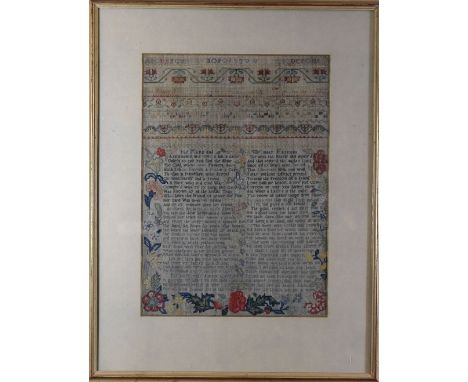 AN EARLY NEEDLEWORK FRIENDSHIP SAMPLER, DATED 1753 BY ANNE PITCHER, AGED 8 YEARS having alphabet, floral motifs and the compl