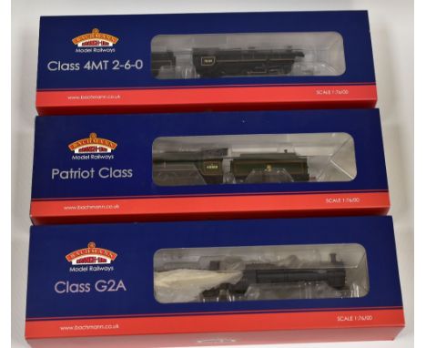 THREE BACHMANN 00 GAUGE LOCOMOTIVES; 1. BR Black Late Crest Standard Class 4MT 2-6-0 76114 2. Patriot 45503 'The Royal Leices