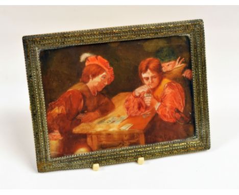 MINIATURIST painting on panel - two seated figures playing cards with another figure assisting one player to cheat, entitled 