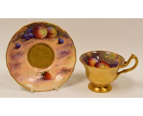 ROYAL WORCESTER CUP AND SAUCER PAINTED WITH FRUIT BY WILLIAM HALE both elements with peaches and berries and both signed, dat