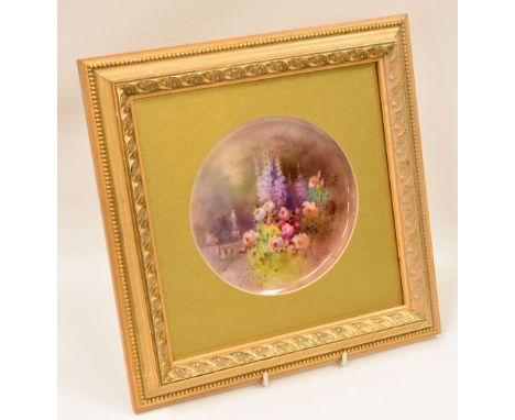 ROYAL WORCESTER PORCELAIN PLAQUE in circular format and painted with garden flowers by Edward Raby, signed, 16cms diam