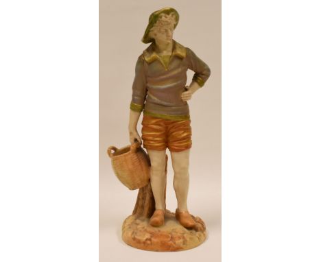 A ROYAL WORCESTER FIGURE OF A STANDING FISHERMAN on a rocky base, holding basket at hip, 21cms high (restoration to hat)