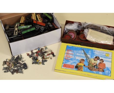 QUANTITY OF VINTAGE TOYS comprising a parcel of Hornby clock-work tin-plate, a tin of old Meccano, quantity of loose lead sol