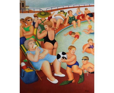BERYL COOK print - outdoor swimming pool scene, signed, 50 x 40cms