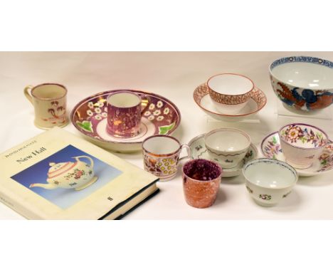 PARCEL OF CHINA AND A VOLUME OF 'NEW HALL' BY DAVID HOLGATE, the china comprising two New Hall tea bowls and saucers, a parce