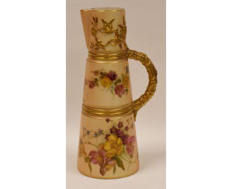 ROYAL WORCESTER BLUSH JUG tapered with gilded twig handle and painted with wild-flowers, dated 1901, 20cms high