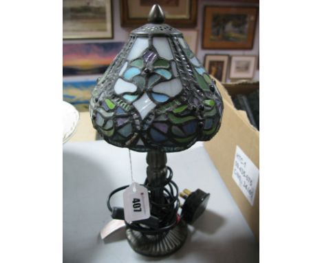 Small Tiffany Style Table Lamp, with a finial top, on a bronzed base. 