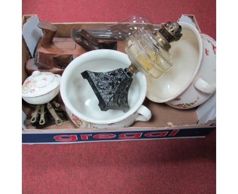 XIX Century Oil Lamp, Crown Devon chamber pots, toothbrush, soap dishes, planes etc:- One Box 