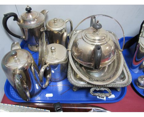 A XIX Century Plated Tureen, with a gadrooned border, plated basket, plated hotel ware part tea service etc:- One Tray 