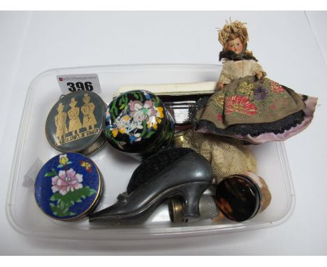 XIX Century Pin Cushion, in the form of a shoe, "New York" on buckle, Cloisonné enamel pin boxes, button, hooks, thimbles.