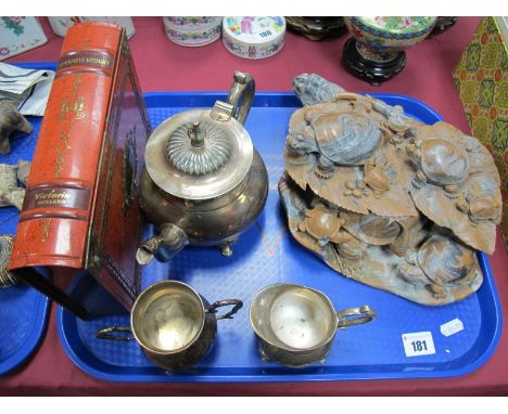 Large Soapstone Figure, carved with many turtles, 31cms wide, Victoria of Holland biscuit tin in the form of a boat, and a th