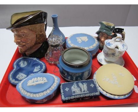 Wedgwood Powder Blue Jasperware, dark blue trinket box and yellow pin tray, Doulton "Rip Van Winkle" D6463, with a Royal Doul