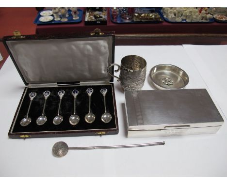 A Hallmarked Silver Cigarette Case, engine turned, inscribed "With Best Wishes G.E.C.Bombay 1950"; together with a Middle Eas