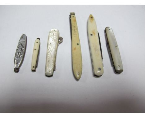 Silver Button Hook, with mother of pearl scales, Medley of Sheffield penknife, miniature penknife, etc.