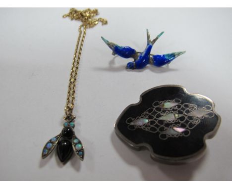 A Hallmarked Silver Insect Pendant, with opal highlights, on gilt chain stamped "925"; together with a pique work style brooc