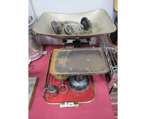 Set of Cast Iron Hanging Scales, Salter brass faced scales, two pairs of vintage headphones (one tray) plus another set of ol
