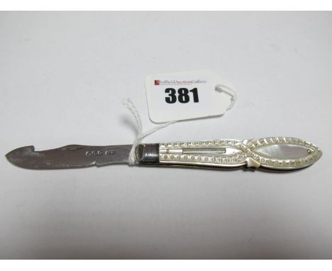 A Hallmarked Silver and Mother of Pearl Folding Fruit Knife, with decorative shaped scales and shaped blade, J.Y.C., Sheffiel