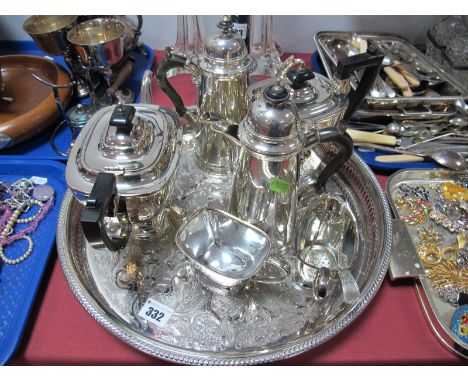 Plated Four Piece Tea Service, coffee pots, circular tray.