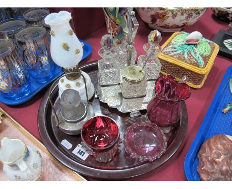 An Art Deco Pifco Lamp/Night Light, with frosted moulded glass parrot on chrome stand with loop handle, cranberry glass jug a