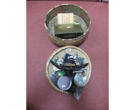 A Hallmarked Silver Mounted Glass Pot, novelty gondola trinket box, cigarette box, tin, dominoes, books, buttons, picture fra