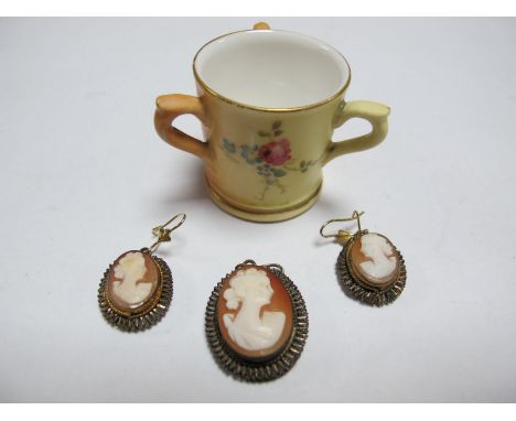 Royal Worcester Miniature Tyg, hand painted with roses, cameo pendant and earring set. 