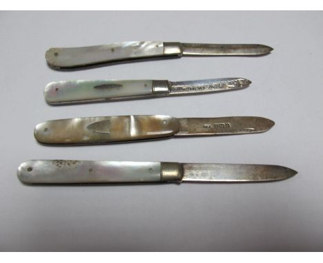 Four Silver Fruit Knives, with mother of pearl scales.
